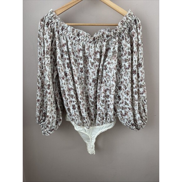 Free People Women’s M Floral Off The Shoulder Smocked Bodysuit Top - Picture 7 of 8